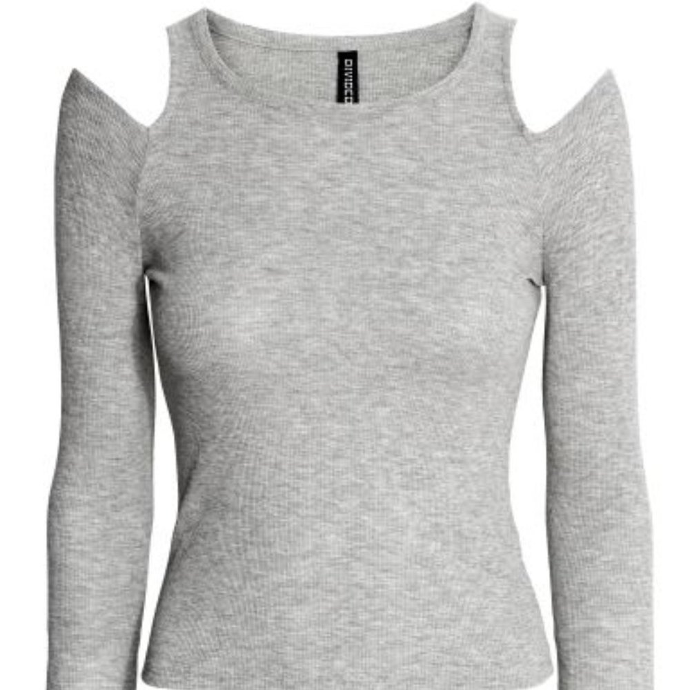 Grey Long Sleeve Cut Out Shoulder Top